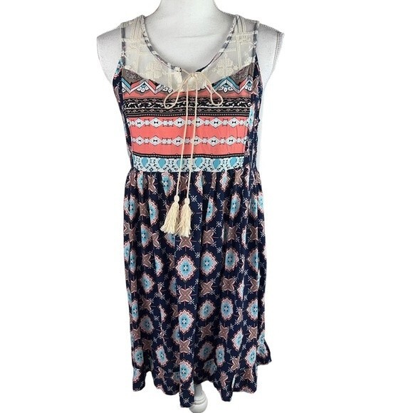 New Umgee Sleeveless Dress Tunic Small Blue Boho Lightweight Lace Feminine - Picture 1 of 11